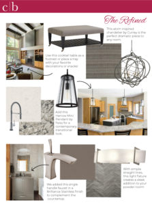 A photo collage of products used in The Refined lower level project.
