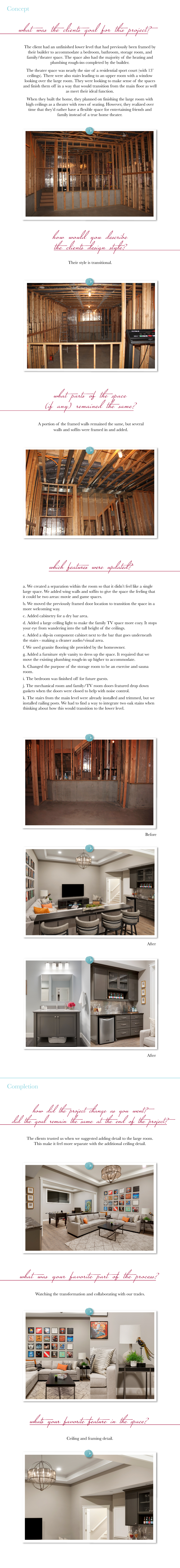 A blog with before and after photos of a lower level finish in The Refined interior design project.