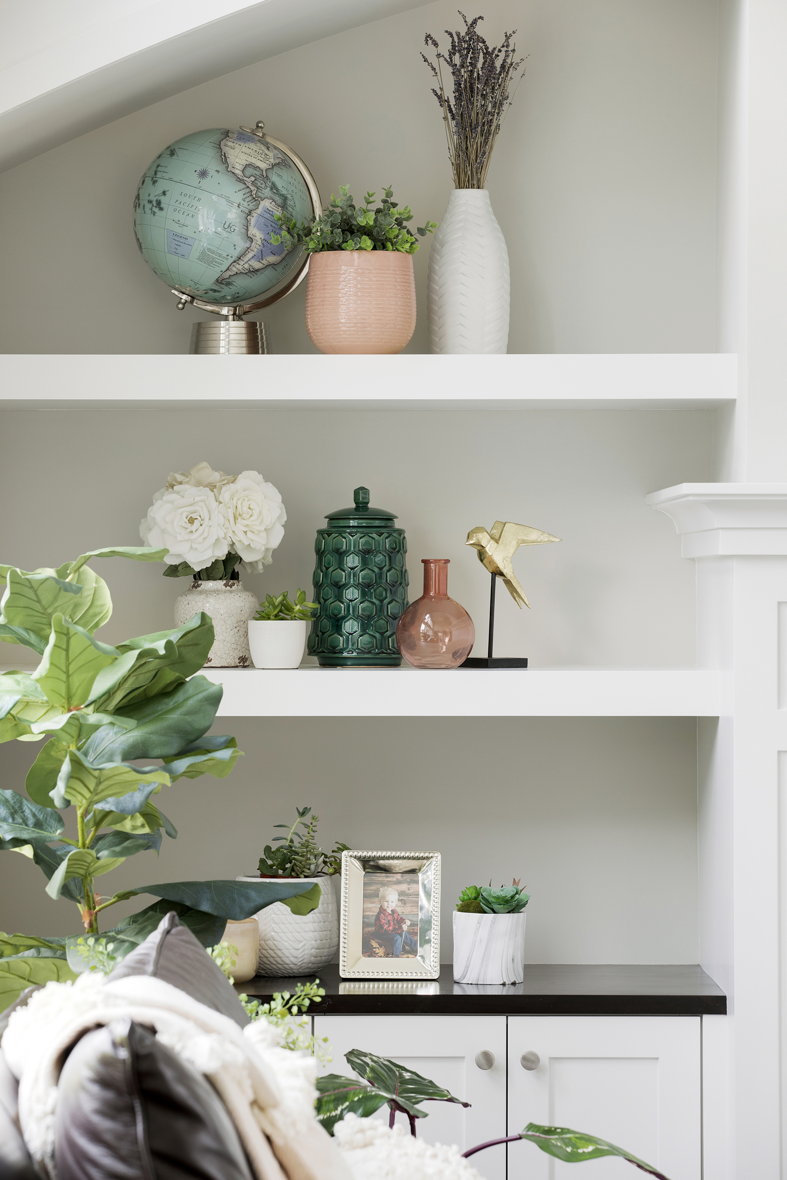 Lighthearted shelf styling