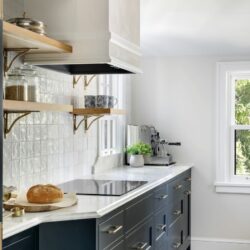 custom hood duplex remodel open shelving white trim