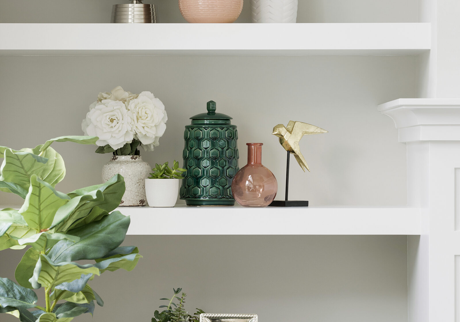 Lighthearted shelf styling